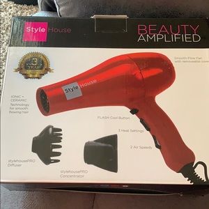 Red style house hair dryer with pieces.